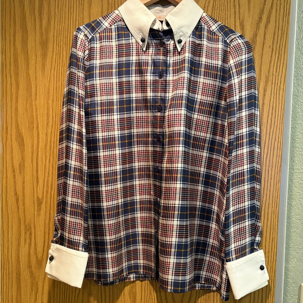 Tory Burch Plaid Silk Button Down Shirt size 8